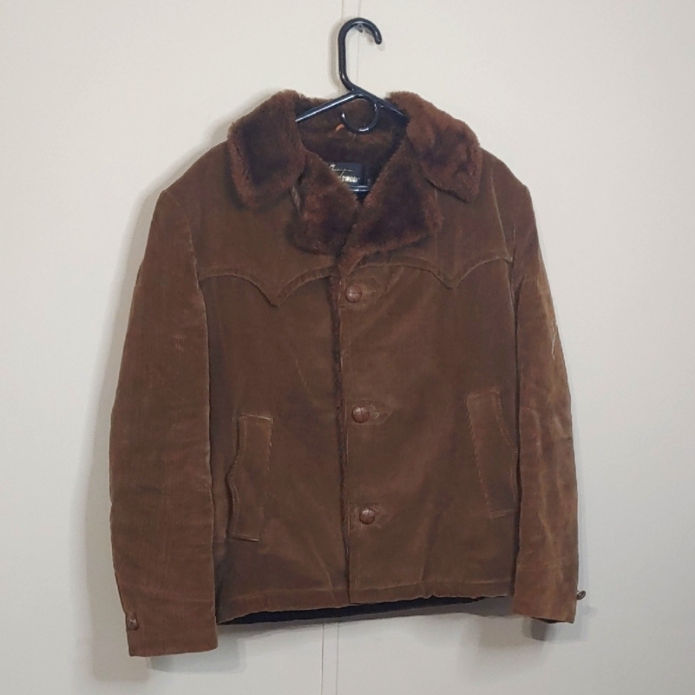 VTG Sears Brown Corduroy Coat With Fur Lining Unisex Size 40